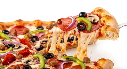 Deliciously cheesy pepperoni pizza slice being lifted