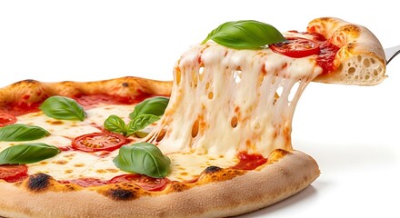 Delicious margherita pizza slice with stretchy mozzarella cheese pull