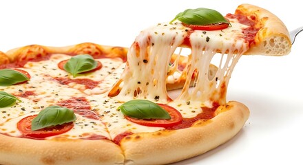 Delicious margherita pizza slice with stretchy mozzarella cheese