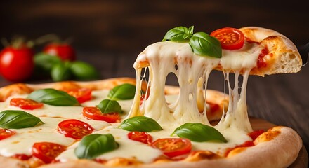 Deliciously cheesy pizza slice with melting mozzarella and fresh basil