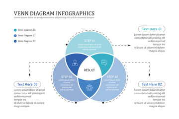 Venn diagram infographic chart template for business 3, 4, parts, options, presentation with venn diagram elements vector illustration.