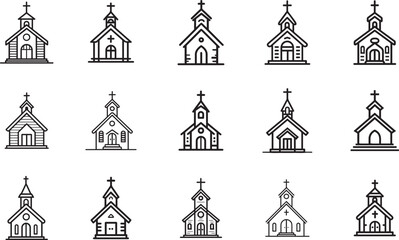 Collection of fifteen simplistic black and white church building outline icons