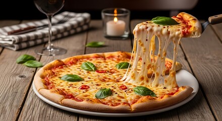 Delicious hot pizza with stretching cheese and basil leaves