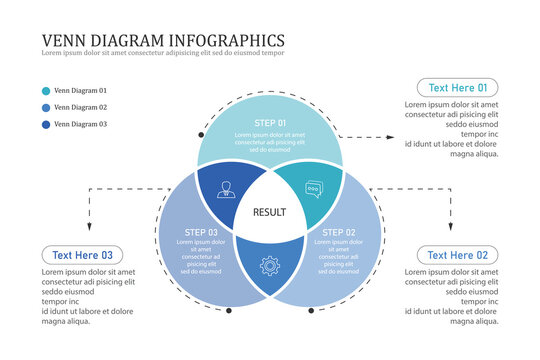 Venn diagram infographic chart template for business 3, 4, parts, options, presentation with venn diagram elements vector illustration.