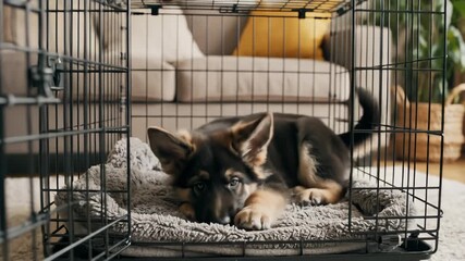 German Shepherd Puppy Playing Inside Metal Crate on Gray Blanket in Living Room
