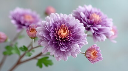 Close up of delicate curled purple chrysanthemum flower petals with soft orange center and green leaves in gentle natural light