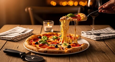 Delicious pepperoni pizza with stretchy mozzarella cheese