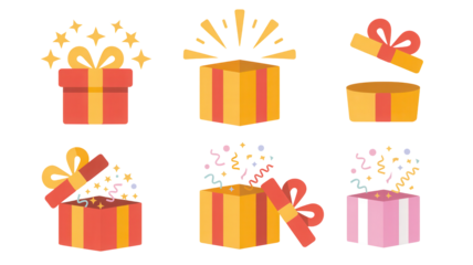 Collection of six festive gift boxes with ribbons and confetti isolated on transparent background