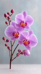 Delicate Pink Orchid Flowers with Buds Macro Close-up on a Soft Blue Textured Background with Subtle Lighting