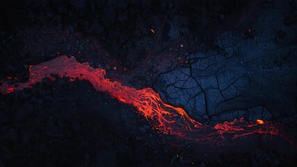 Fiery red lava flowing through dark cracked earth and volcanic rock at night magma fire - Powered by Adobe