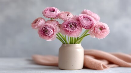 Delicate Pink Ranunculus Flowers in a Beige Ceramic Vase with Soft Peach Fabric Draping Against a Textured Gray Backdrop Captured in Soft Natural Light