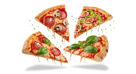 Four delicious slices of pizza levitating against a white background