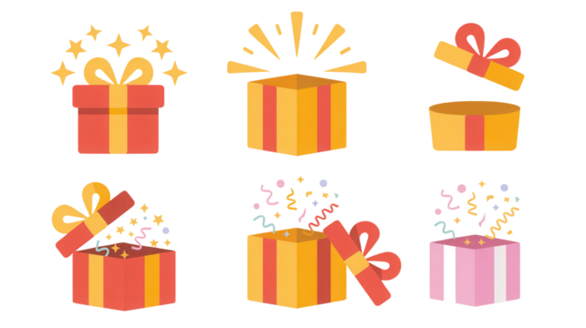 Collection of six festive gift boxes with ribbons and confetti isolated on transparent background