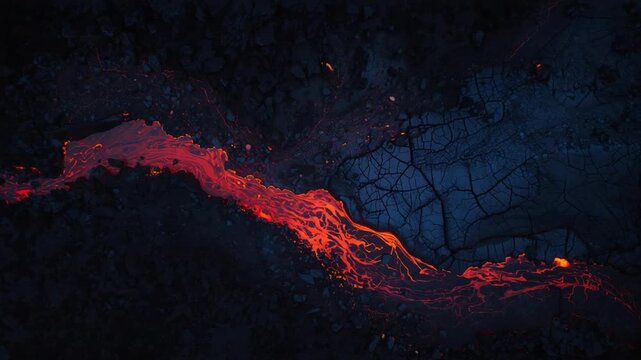 Fiery red lava flowing through dark cracked earth and volcanic rock at night magma fire