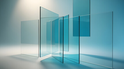 Transparent Overlapping Glass Panels in Soft Blue Light – Abstract 16:9 Background