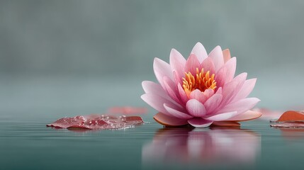 Close Up Macro Shot Of A Delicate Pink Lotus Flower With Water Droplets Floating On Calm Water Surface Soft Focus Background