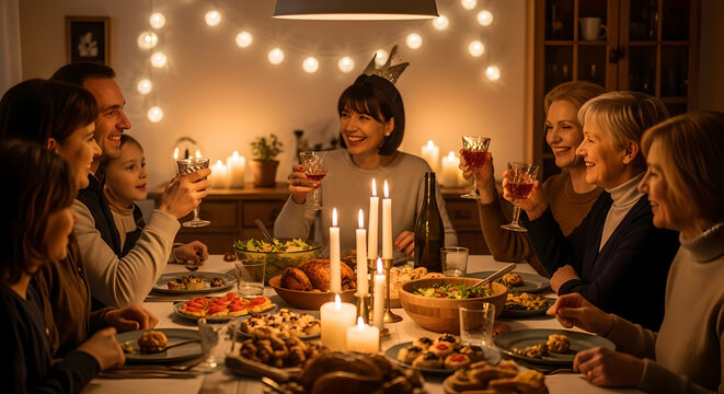 Family Toasting New Year Holiday Dinner in Cozy Candlelit Home Setting