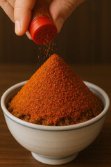 七味を山盛りにかけた牛丼