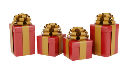 Four festive red and gold striped gift boxes with golden bows arranged in a row isolated on transparent background
