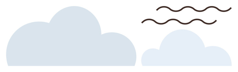 Blue clouds alongside wavy black lines representing wind movement. Ideal for weather, tranquility, nature, flight, air quality, simplicity, clean energy. A simple flat metaphor