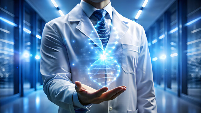 Scientist holding glowing DNA helix in futuristic laboratory with server racks