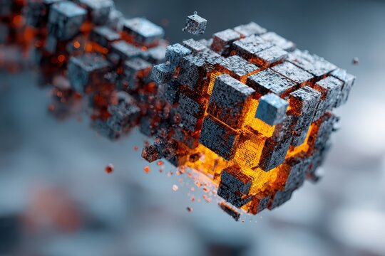 Exploration of blockchain technology showcasing dismantled large blocks transformed into luminous shards