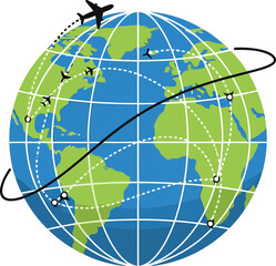 Graphic illustration of global travel routes with airplanes flying around the Earth.