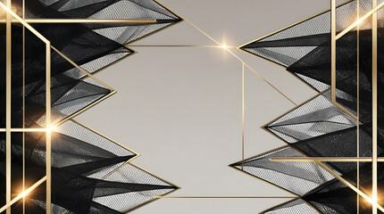 Luxury Black Mesh with Golden Geometric Frames — Futuristic 16:9 Abstract Background