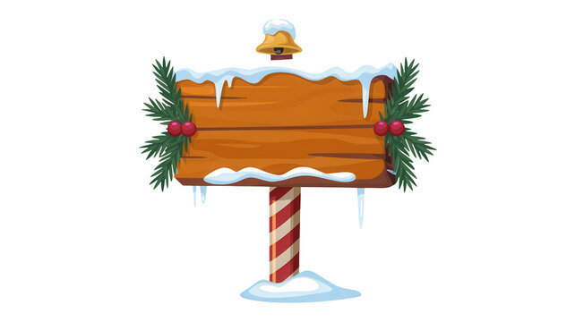 Festive wooden christmas signpost decorated with snow icicles holly berries and pine branches isolated on transparent background