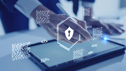 Corporate Cyber Security and Risk Management. A professional manages company security protocols on a digital device, AI data protection of sensitive business assets, client data, and critical 