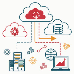Illustration of cloud computing network with servers, database, and laptop