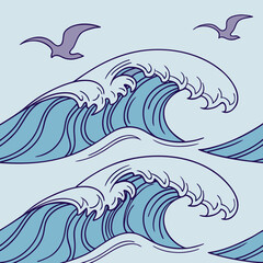 Illustration of ocean waves with seagulls, a serene scene of sea and sky, perfect for coastal themed designs