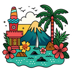 Tropical Paradise Illustration &ndash; Volcano, Sailboat, Palm Tree, and Exotic Flowers