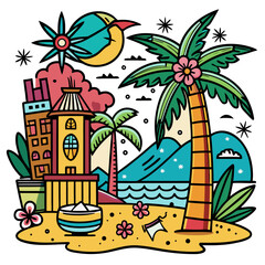 Tropical Beach Scene &ndash; Palm Tree, Ocean Waves, Compass Rose, and Sunset Vibes