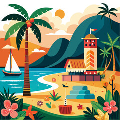 Tropical Beach Paradise &ndash; Palm Tree, Sailboat, Lighthouse, and Sunset Landscape