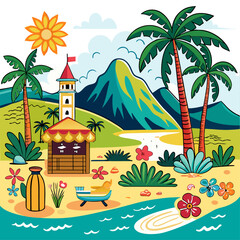 Tropical Beach Landscape &ndash; Palm Trees, Lighthouse, Hut, and Sunset Mountain View