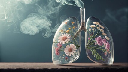 Transparent Glass Lungs Filled With Flowers Emitting Smoke