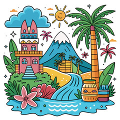 Whimsical Tropical Landscape &ndash; Pink Mansion, Palm Trees, Mountain, and Smiling Sun