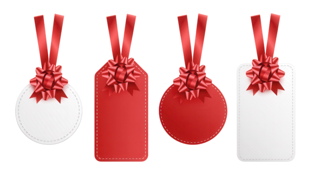 Four festive gift tags in red and white with red ribbon bows and loops isolated on transparent background - Powered by Adobe