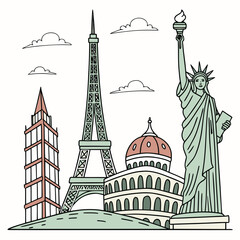 Obraz premium Vector art of landmarks of the world, including the eiffel tower, the statue of liberty, and other famous buildings
