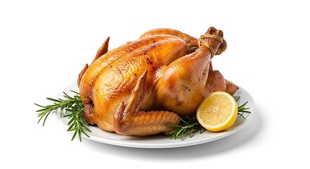 Golden roasted whole chicken with lemon and rosemary