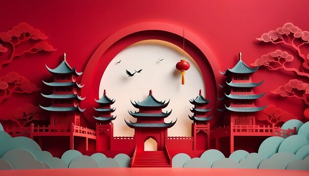 Elegant Chinese Pagoda in Red Paper Art with Lantern and Full Moon. perfect for Lunar New Year or Asian cultural themes