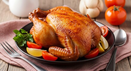 Golden roasted whole chicken with fresh vegetables on a rustic table