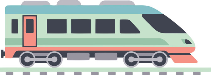 A flat design illustration of a modern passenger train, colored in light green and blue with orange accents, moving along railway tracks.