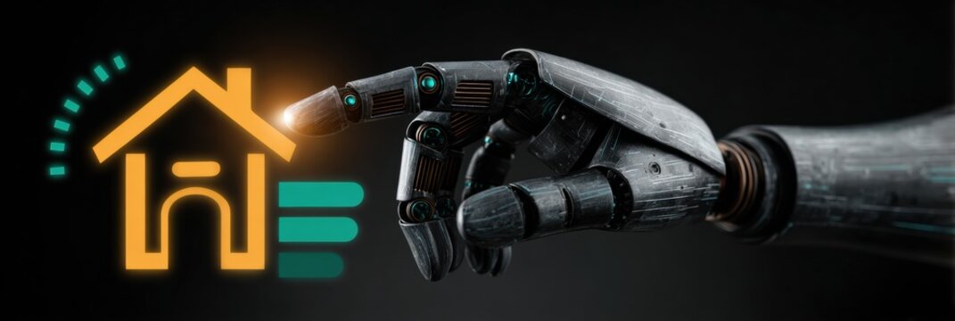 Robotic Hand Interacting With Digital House Symbol in Futuristic Design Highlighting Smart Home Technology