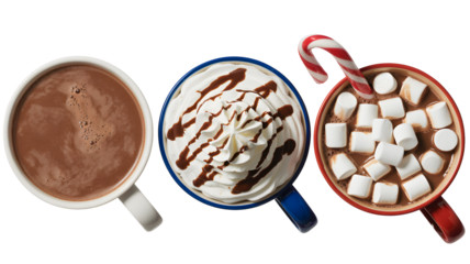Three mugs of hot chocolate with different toppings, isolated on transparent background