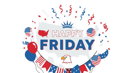 Obraz premium Patriotic happy friday celebration with american flag balloons confetti and bunting against a map of the united states perfect for social media posts and holiday greetings