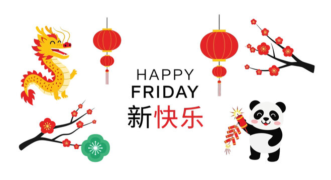 Celebrating happy friday with chinese new year elements including a dragon lanterns plum blossoms and a panda holding firecrackers creating a festive and joyful atmosphere for the holiday season