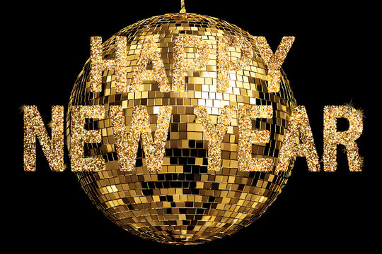 Happy new year text on golden disco ball against black background