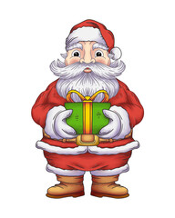 Santa Claus in traditional red suit holding Christmas presents